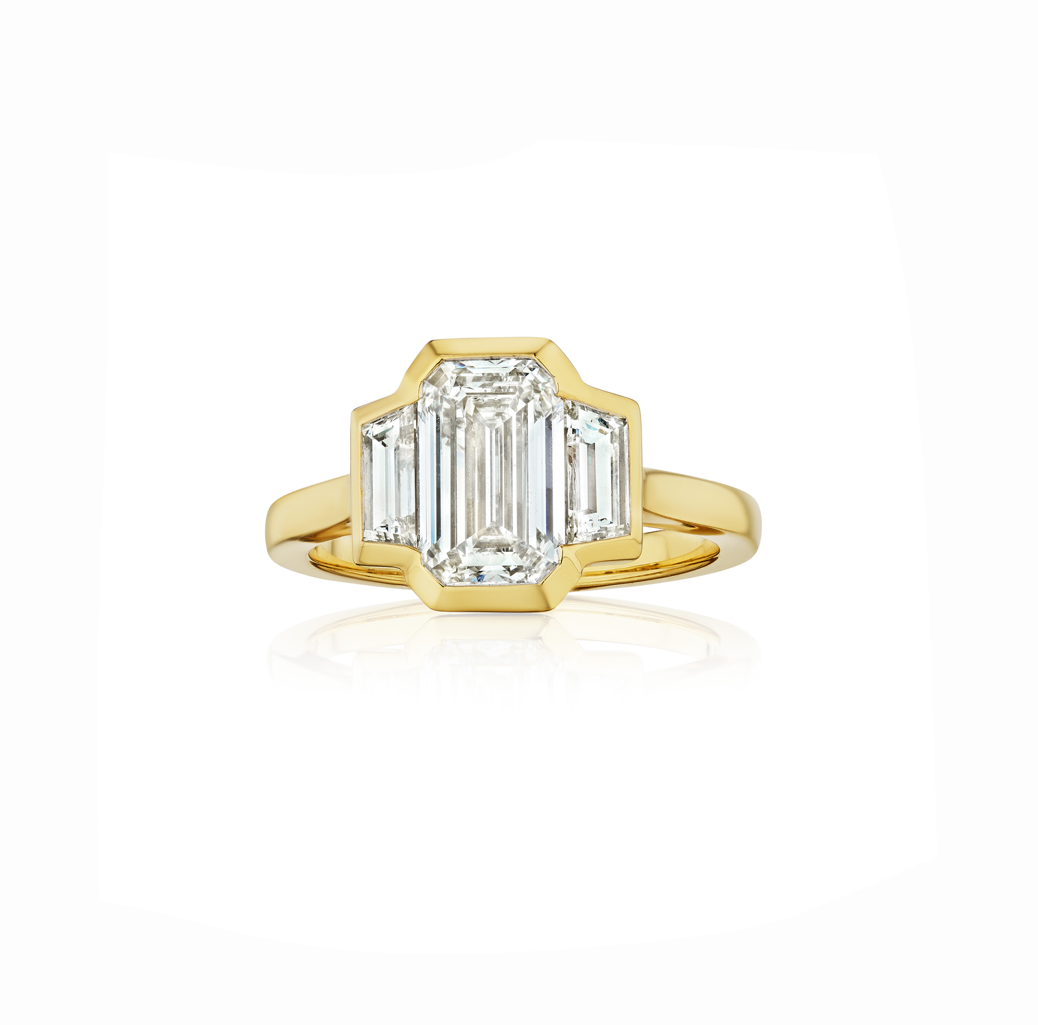 Fink's Exclusive Bezel Set Emerald Cut and Trapezoid Diamond Engagement Ring